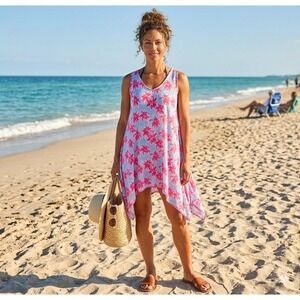 Crown & Ivy Nightgown Swim Cover Womens Medium Blue Pink Palm Tree Pom Pom Hem